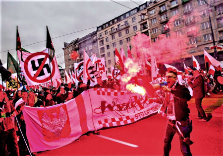 Marcha independentista en Polonia contra la ucranización. Quema de la bandera alemana y pisoteo de la bandera de UE y la de LGBT